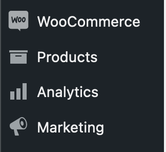 WooCommerce admin menus in WordPress, grouped to indicate a context switch to “store”